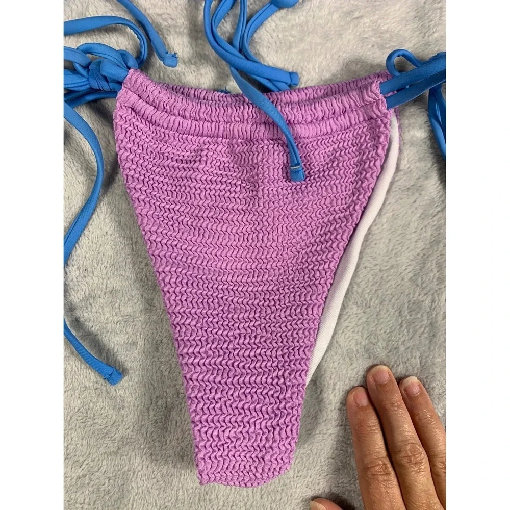 Textured Smocked Bikini Set Womens Size S Purple Blue Side Tie 2 Piece Swimsuit